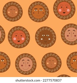 Repeatable pattern, optimistic abstract faces. Endless texture, boy bizzare appearance. Seamless design for stationery, branding
