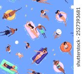 Repeatable pattern of people floating with inflatable circles, mattresses in swimming pool. Endless background with tourists have fun in water park, sea in summer. Flat seamless vector illustration