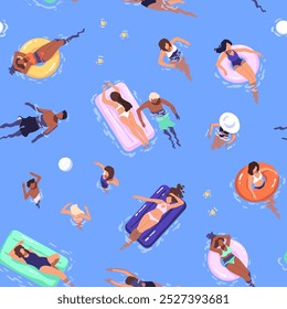 Repeatable pattern of people floating with inflatable circles, mattresses in swimming pool. Endless background with tourists have fun in water park, sea in summer. Flat seamless vector illustration