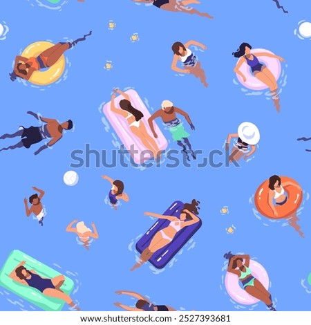 Repeatable pattern of people floating with inflatable circles, mattresses in swimming pool. Endless background with tourists have fun in water park, sea in summer. Flat seamless vector illustration