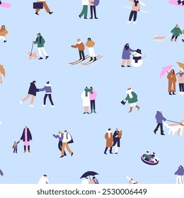 Patrón repetible de personas se divierten al aire libre en invierno. Fondo interminable con amigos felices, parejas de esquí, perros de paseo, patinaje en Navidades, vacaciones. Ilustración vectorial plana sin costuras