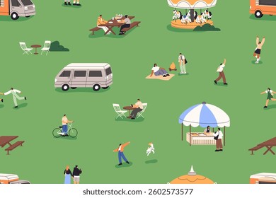 Repeatable pattern of people having fun at festival in park. Endless background with food trucks, stalls, picnic tables outdoors in summer event. Funfair at nature. Flat seamless vector illustration