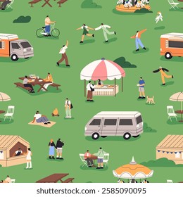 Repeatable pattern of people relaxing in amusement park at festival. Summer event outdoors on endless background. Funfair at nature with food trucks, stalls, picnic. Flat seamless vector illustration