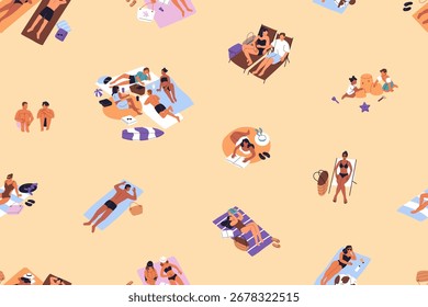 Padrão repetível de pessoas que tomam banho de sol na vista superior da praia de areia. Interminável fundo de turistas ficando bronzeado do sol na costa. A multidão está relaxando em um resort marítimo no verão. Ilustração de vetor uniforme plana