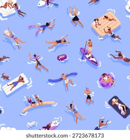 Patrón repetible de personas nadando en la vista superior del complejo marítimo. Fondo interminable de turistas tomando el sol, flotando en círculos inflables, balsas de piscina en vacaciones de verano. Ilustración vectorial plana sin costuras