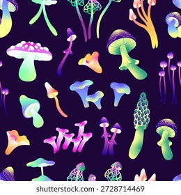 Repeatable pattern of psilocybin mushrooms and hallucinogenic boletus. Endless background of different magic, toxic fungus, psychedelic bolete and poison fungi. Flat seamless vector illustration