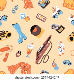 Repeatable pattern of retro accessories of 1980s. Endless background with items with nostalgia of 80s. 1980 style: fashion magazines, vinyl, tape recorder, cassettes. Flat seamless vector illustration