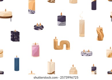 Repeatable pattern of scented candles with different shapes in jars, holders. Endless background with aroma candlelights. Trendy interior decoration, home decor. Flat seamless vector illustration