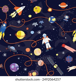 Repeatable pattern, seamless with astro elements like planets, astronauts, rockets and aliens on dark background. Flat design.