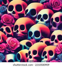 A Repeatable Pattern Of Skulls And Roses For Dia De Los Muertos, Day Of The Dead.