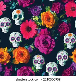 A repeatable pattern of skulls and roses for Dia de los muertos, Day of the dead.