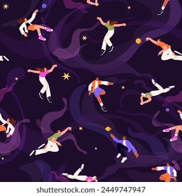 Repeatable pattern of soaring people in space, zero gravity. Endless background of cosmos with flying men and women. Freedom, imagination, inspiration concept. Flat seamless vector illustration