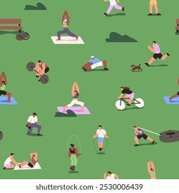 Patrón repetible de entrenamiento de personas al aire libre. Fondo interminable con hombres y mujeres hacen ejercicio deportivo en el parque. Los atletas practican yoga, estiramiento, ejercicios de fitness. Ilustración vectorial plana sin costuras