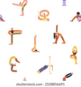 Padrão repetível de treinamento de mulheres. Fundo infinito com pessoas praticam poses de ioga, asanas. Meninas engraçadas fazem exercícios esportivos, fitness, ginástica. Ilustração de vetor uniforme plana