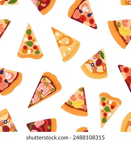 Repeatable pattern of triangle slices of pepperoni. Endless background with cut pieces of pizza with different filling, sauce. Traditional Italian food, cuisine. Flat seamless vector illustration