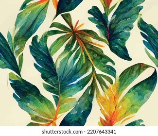 A repeatable pattern of tropical leaves, watercolour.