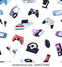 Padrão repetível de itens de videogame. Fundo infinito de dispositivos para gamers, acessórios para jogar computador. Joysticks modernos, consoles, gamepads, microfone. Ilustração de vetor uniforme plana