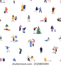 Patrón repetible de actividades de vacaciones de invierno al aire libre. La gente feliz se divierte en invierno en un fondo interminable. Familias, amigos juegan bolas de nieve, patinaje, esquí. Ilustración vectorial plana sin costuras