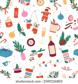 Patrón repetible de chuchería de Navidad, juguetes de vacaciones de invierno. Fondo sin fin de año Nuevo con ramas de árboles de Navidad, muérdago, pan de jengibre, corona de abeto y taza de cacao. Ilustración vectorial plana sin costuras