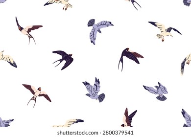 Repeatable patterns of flock of different flying birds in air. Endless background of lots of swallows, gulls and pigeons. Doves, seagulls and martins fly in the sky. Flat seamless vector illustration