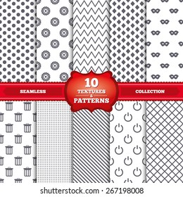 Repeatable patterns and textures. Anonymous mask and cogwheel gear icons. Recycle bin delete and power sign symbols. Gray dots, circles, lines on white background. Vector