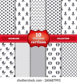 Repeatable patterns and textures. Baby infants icons. Toddler boy with diapers symbol. Buggy and dummy signs. Child pacifier and pram stroller. Child footprint step sign. Gray dots, circles, lines.