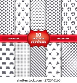 Repeatable patterns and textures. Beach holidays icons. Cocktail, human footprints and swimming trunks signs. Summer sun symbol. Gray dots, circles, lines on white background. Vector