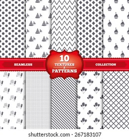Repeatable patterns and textures. Birthday party icons. Cake, balloon, hat and muffin signs. Fireworks with rocket symbol. Cupcake with candle. Gray dots, circles, lines on white background. Vector