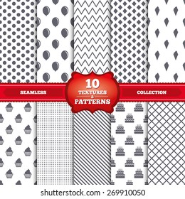 Repeatable patterns and textures. Birthday party icons. Cake with ice cream signs. Air balloon symbol. Gray dots, circles, lines on white background. Vector