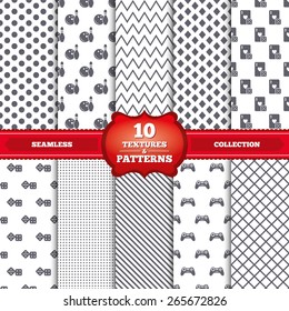 Repeatable patterns and textures. Bowling and Casino icons. Video game joystick and playing card with dice symbols. Entertainment signs. Gray dots, circles, lines on white background. Vector