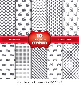 Repeatable patterns and textures. Bowling and Casino icons. Video game joystick and playing card with dice symbols. Entertainment signs. Gray dots, circles, lines on white background. Vector