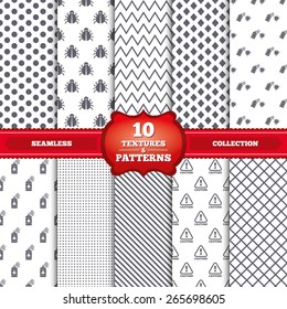 Repeatable patterns and textures. Bug disinfection icons. Caution attention symbol. Insect fumigation spray sign. Gray dots, circles, lines on white background. Vector