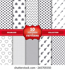 Repeatable patterns and textures. Bug and vaccine syringe injection icons. Heart and spray can sign symbols. Gray dots, circles, lines on white background. Vector