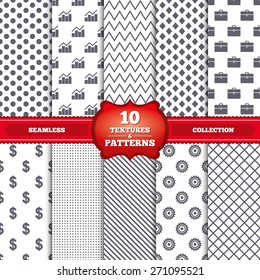Repeatable patterns and textures. Business icons. Graph chart and case signs. Dollar currency and gear cogwheel symbols. Gray dots, circles, lines on white background. Vector