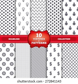 Repeatable patterns and textures. Business icons. Human silhouette and lamp bulb idea signs. Dollar currency and gear symbols. Gray dots, circles, lines on white background. Vector