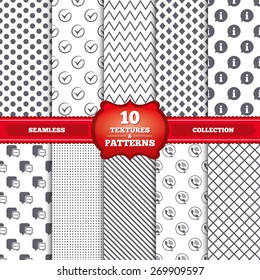 Repeatable patterns and textures. Check or Tick icon. Phone call and Information signs. Support communication chat bubble symbol. Gray dots, circles, lines on white background. Vector