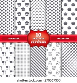 Repeatable patterns and textures. Chief hat and cooking pan icons. Crosswise fork and knife signs. Boil or stew food symbols. Gray dots, circles, lines on white background. Vector
