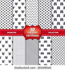 Repeatable patterns and textures. Clothes icons. T-shirt and pants with shorts signs. Swimming trunks symbol. Gray dots, circles, lines on white background. Vector