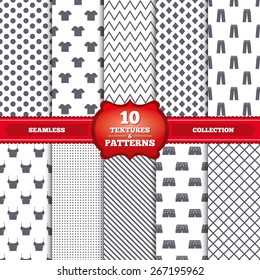 Repeatable patterns and textures. Clothes icons. T-shirt and pants with shorts signs. Swimming trunks symbol. Gray dots, circles, lines on white background. Vector