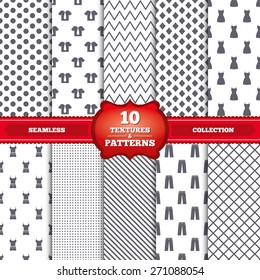 Repeatable patterns and textures. Clothes icons. T-shirt with business tie and pants signs. Women dress symbol. Gray dots, circles, lines on white background. Vector
