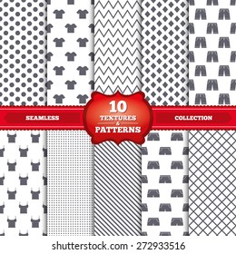 Repeatable patterns and textures. Clothes icons. T-shirt and bermuda shorts signs. Swimming trunks symbol. Gray dots, circles, lines on white background. Vector
