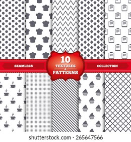 Repeatable patterns and textures. Coffee cup icon. Chef hat symbol. Muffin cupcake signs. Document file. Gray dots, circles, lines on white background. Vector