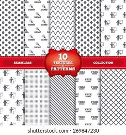 Repeatable patterns and textures. Demo with cursor icon. Presentation billboard sign. Man standing with pointer symbol. Gray dots, circles, lines on white background. Vector
