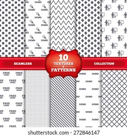 Repeatable patterns and textures. Demo with cursor icon. Presentation billboard sign. Man standing with pointer symbol. Gray dots, circles, lines on white background. Vector