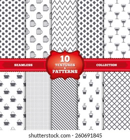 Repeatable patterns and textures. Drinks icons. Coffee cup and glass of beer symbols. Wine glass sign. Gray dots, circles, lines on white background. Vector