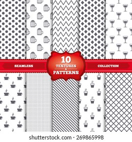 Repeatable patterns and textures. Drinks icons. Coffee cup and glass of beer symbols. Wine glass sign. Gray dots, circles, lines on white background. Vector