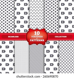 Repeatable patterns and textures. Energy efficiency class icons. Energy consumption sign symbols. Class D, E, F and G. Gray dots, circles, lines on white background. Vector