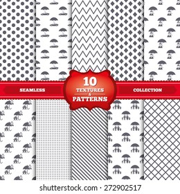 Repeatable patterns and textures. Family, Real estate or Home insurance icons. Life insurance and umbrella symbols. Car protection sign. Gray dots, circles, lines on white background. Vector