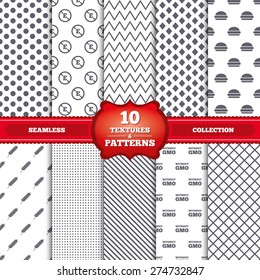 Repeatable patterns and textures. Food additive icon. Hamburger fast food sign. Gluten free and No GMO symbols. Without E acid stabilizers. Gray dots, circles, lines on white background. Vector