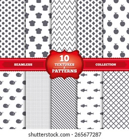 Repeatable patterns and textures. Food icons. Apple fruit with leaf symbol. Chicken hen bird meat sign. Fish and Chef hat icons. Gray dots, circles, lines on white background. Vector